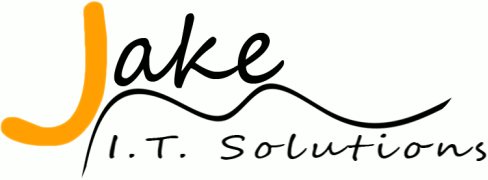 It Jake IT Solutions logo: Jake yn in skreaun lettertype mei in grutte oranje j en der ûnder in golvjende pennestreek en de tekst I.T. Solutions